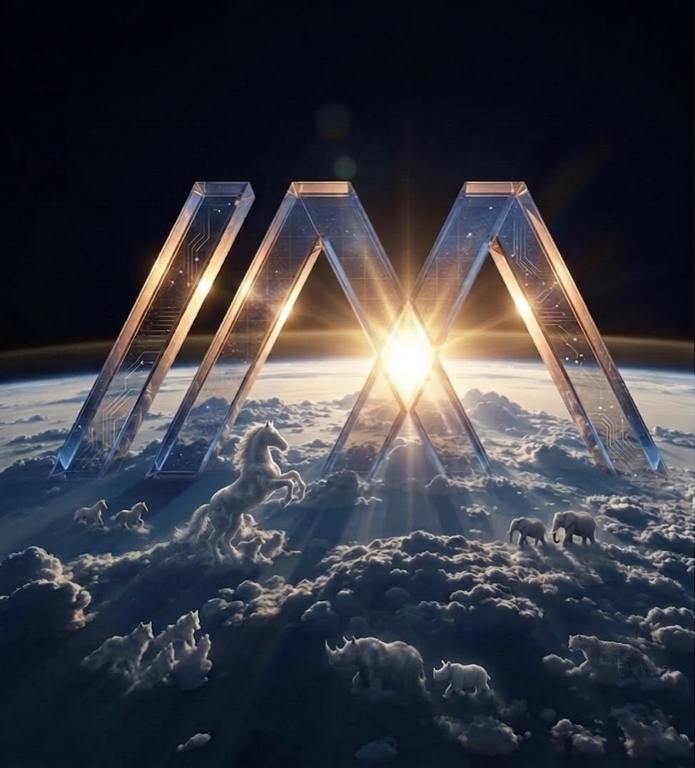 The IM symbol rising over Earth, surrounded by animals in the clouds